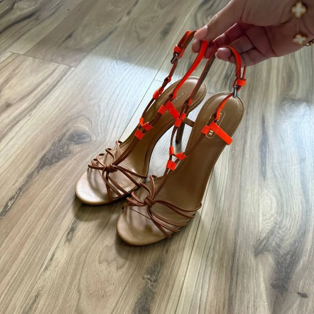 Coach Womens Fluorescent Orange Tan Lana Leather Strappy Heel Sandal Size 7.5